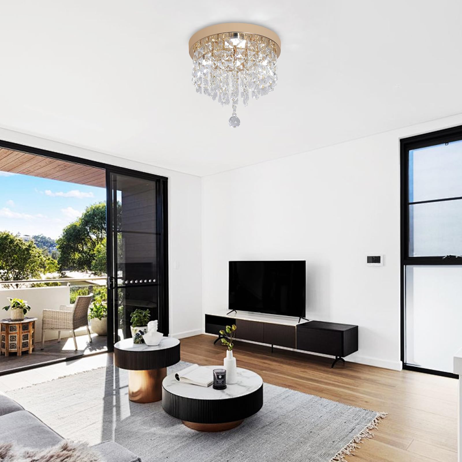 Deckrico Lámpara de Techo LED Dorada con Cristales, Luz Blanca, Moderna para Recámara, Baño, Clóset o Pasillo