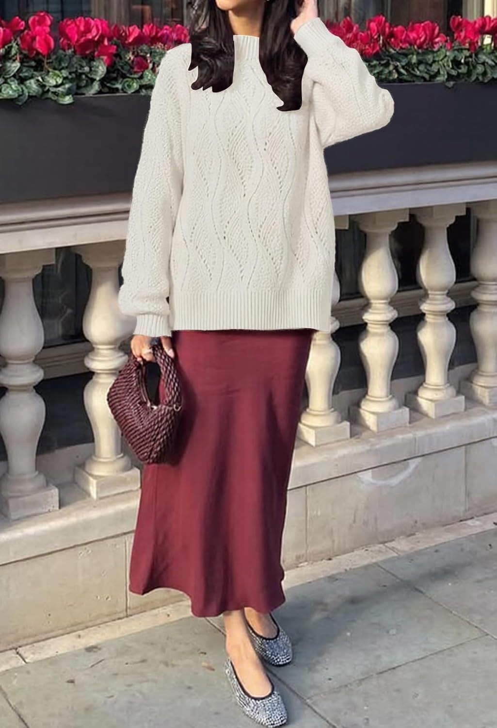 MEROKEETY Fall Sweaters for Women 2025 Oversized Pullover Crochet Lantern Long Sleeve Mock Neck Casual Loose Tops - Image 7