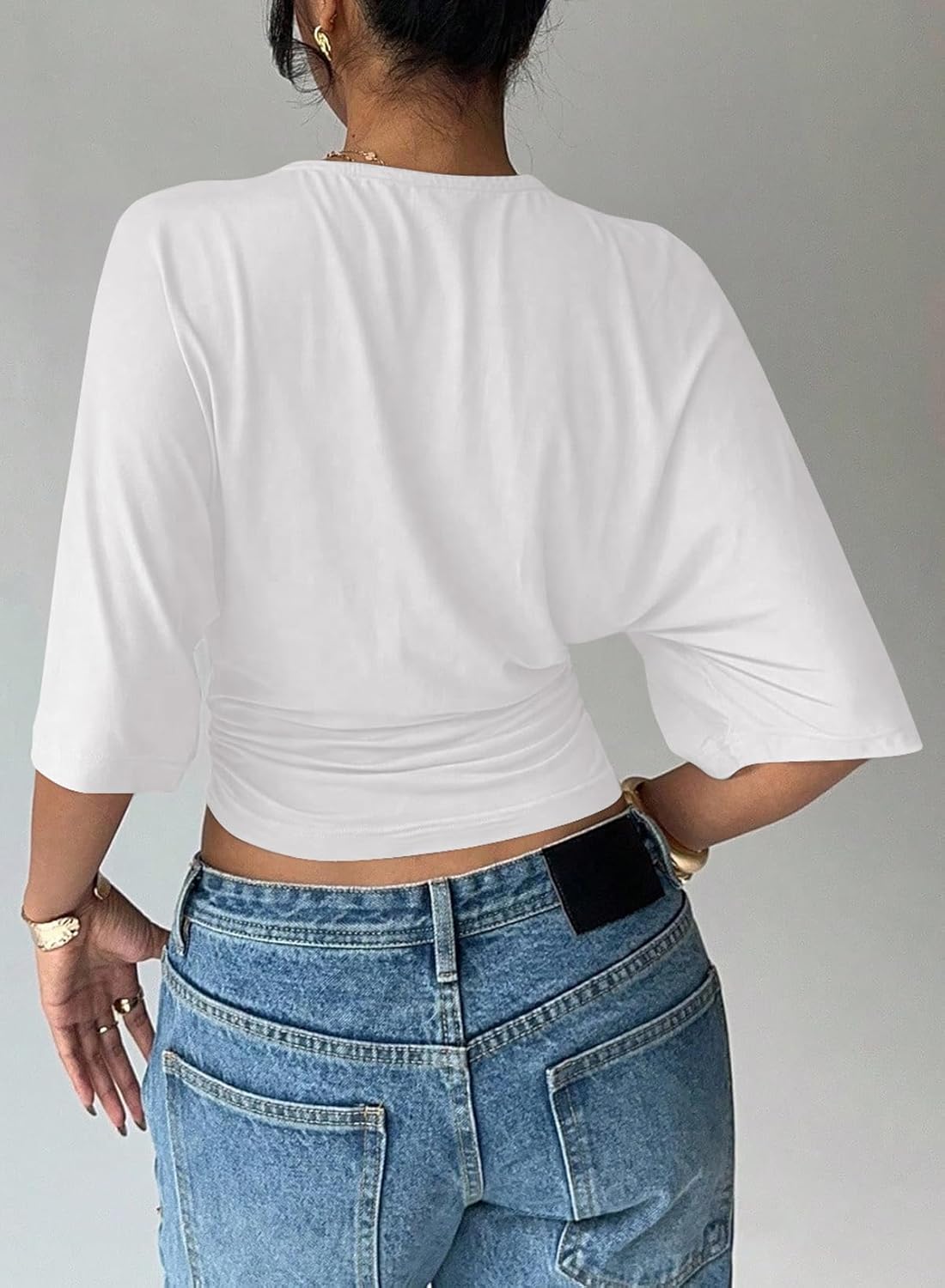 LOLONG Womens Crew Neck Half Sleeve Ruched Shirts Summer 2026 Casual Cinched Waist Crop Tops - Image 5