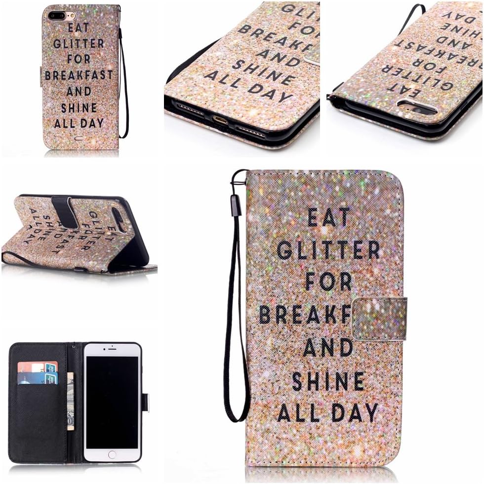 7 Plus Case, iPhone 7 Plus Case, Speedup Premium PU Leather Stand Design Flip Folio Wallet Cover Case with Wrist Strap Magnetic Closure Card Slots for iPhone 7 Plus - Glitter Breakfast Shine Day