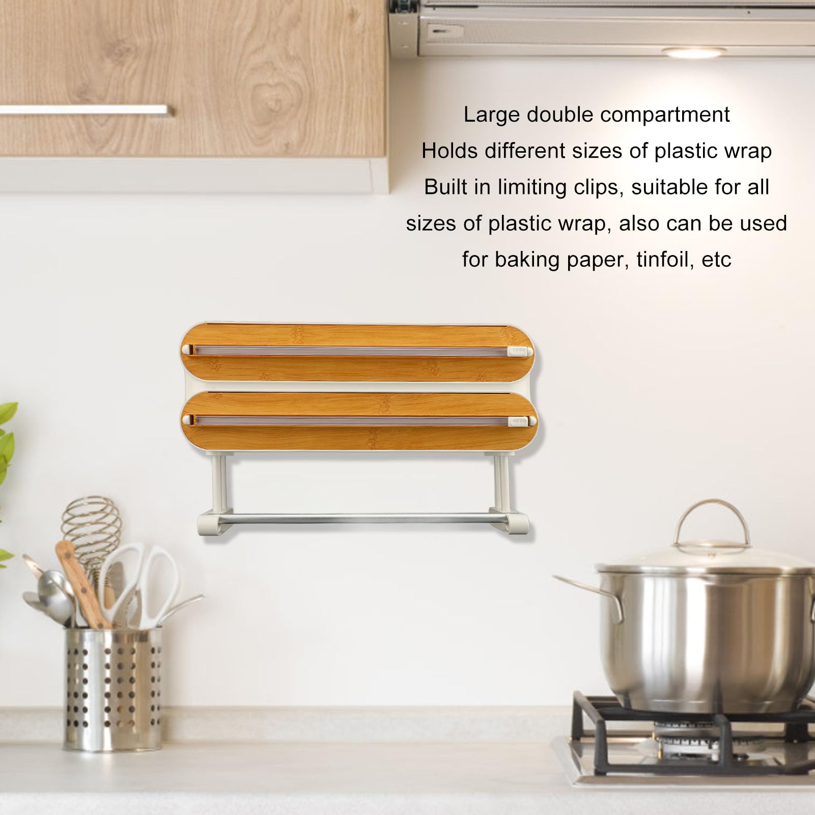Organizador de Envolturas 3 en 1 con Cortador para Papel de Aluminio, Papel Encerado, Film Transparente, Cuchillas Deslizantes Ocultas, Imanes, Ideal para Almacenamiento en la Cocina