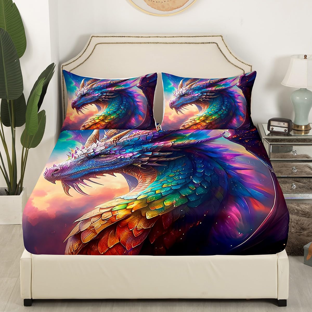Dragon Bedding Set Twin Size Colorful Dragon Bed Set for Girls Teens Bedroom Decor Kids Rainbow Dragon Scales Fitted Sheet Soft Microfiber Cool Dragon Bed Cover(1 Fitted Sheet+1 Pillow Case)