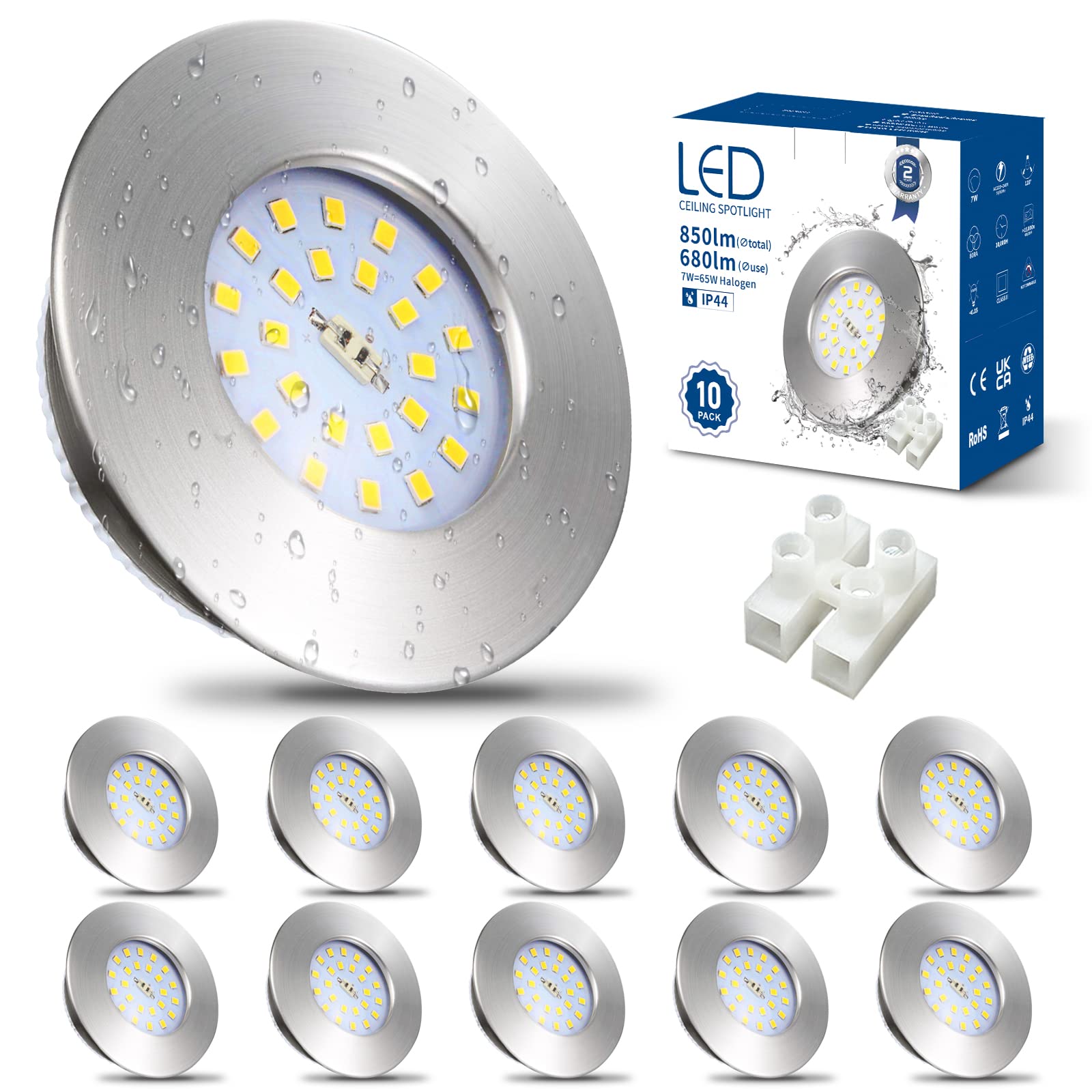 HiBay Einbaustrahler LED Flach 7W LED Spot Badezimmer IP44 Deckenspots Rund Matt Nickel 6000K Kaltweiß Einbauleuchten 850lm 10er Set