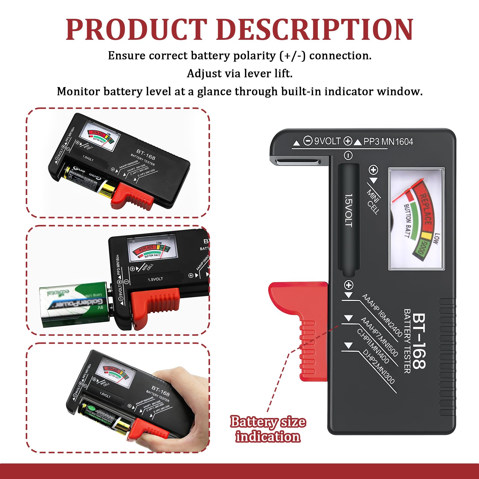 Testeur de Piles Universel, Testeur de Numérique Pointeur Piles pour AA AAA C D 9V 1.5V Batterie Bouton Vcontrôleur de Tension de Batterie Fonctionne Sans Pile Précis et Portable (Modèle: BT-168)