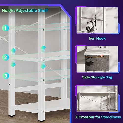 Miniatura 7 de Bestier Escritorio para juegos con tomas de corriente, escritorio LED de 44 pulgadas con estantes reversibles de 4 niveles, mesa de juegos de PC con