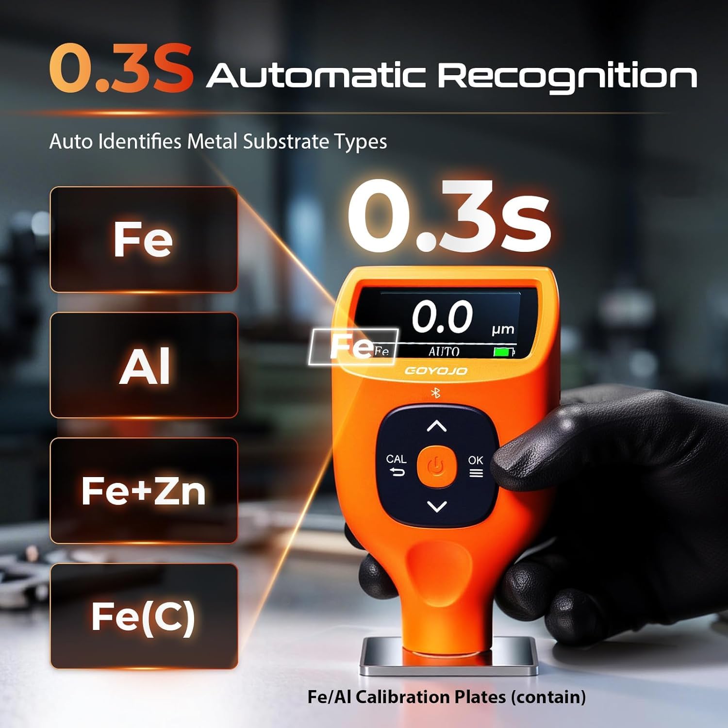 GOYOJO Lackschichtdickenmessgerät mit App, 0–5000 μm (0–179 mils), automatische Fe/Al/Zn/Fe(C)-Erkennung, 0,1 μm Auflösung, ±(2% + 1 μm) Genauigkeit für Lackprüfungen