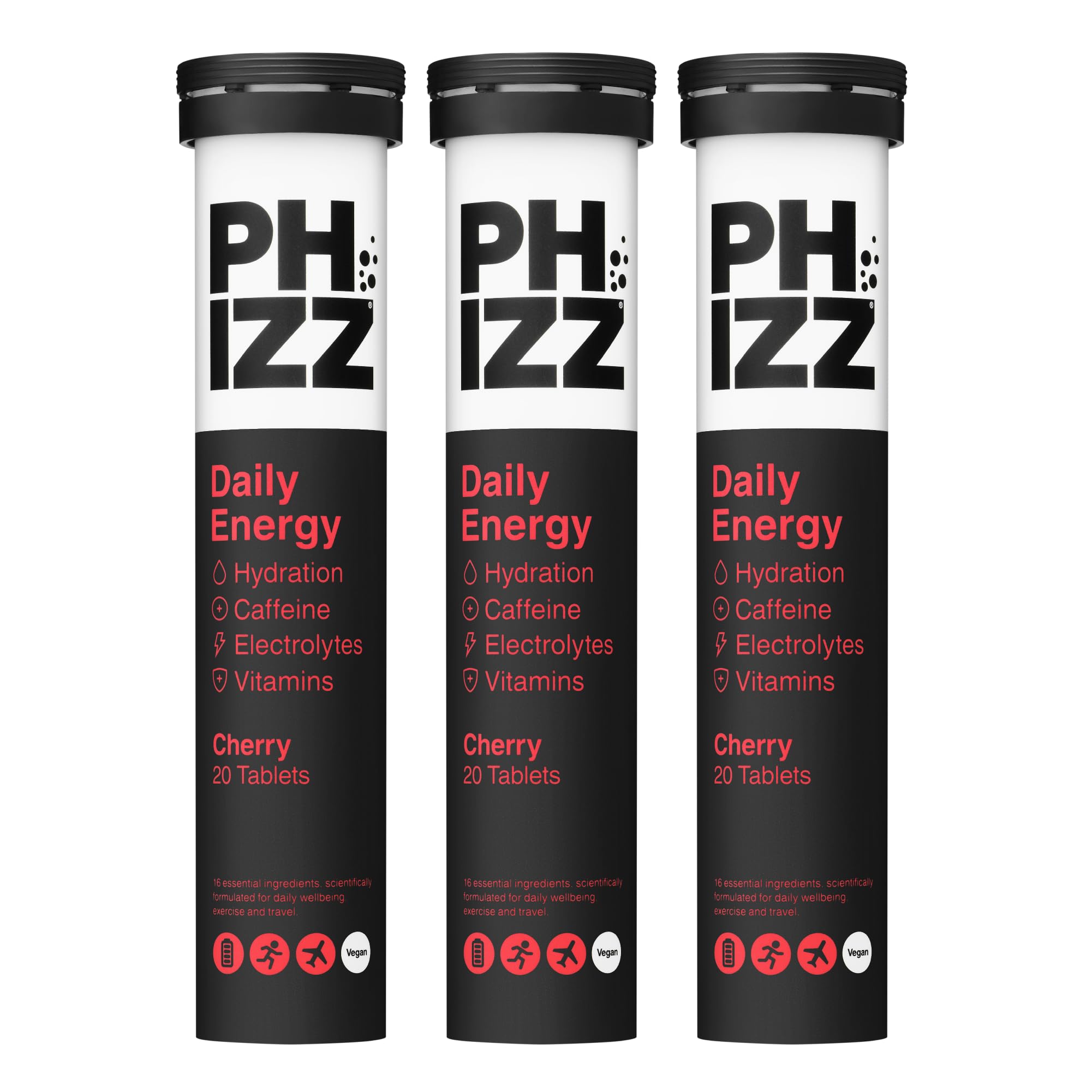 Phizz Daily Energy Electrolyte Hydration Tablets - 17 Vitamins and Minerals - Effervescent Energy - 75mg Caffeine (Daily (Cherry), 60)