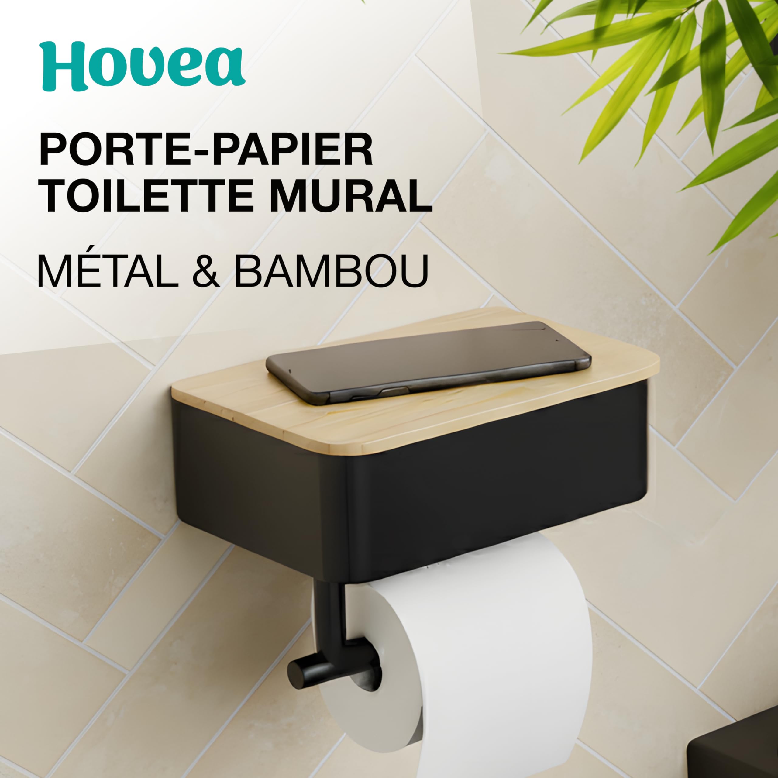 Porte Papier Toilette Mural 2-en-1 - avec ou sans Perçage - avec Rangement & Support Téléphone - en Métal – Distributeur Rouleau PQ Décoration - Noir & Bambou - PPT121