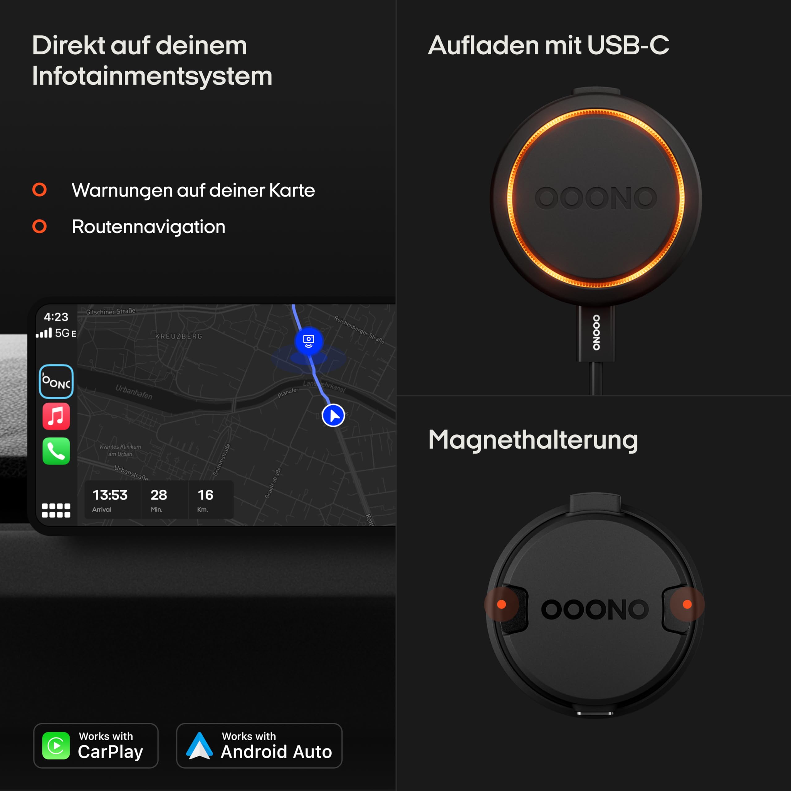 OOONO Co-Driver NO2 - Optimierter Co-Driver fürs Auto - Warnt vor Tempo-Kontrollen und Gefahrenstellen - Wiederaufladbar - LED-Anzeige - CarPlay & Android Auto kompatibel