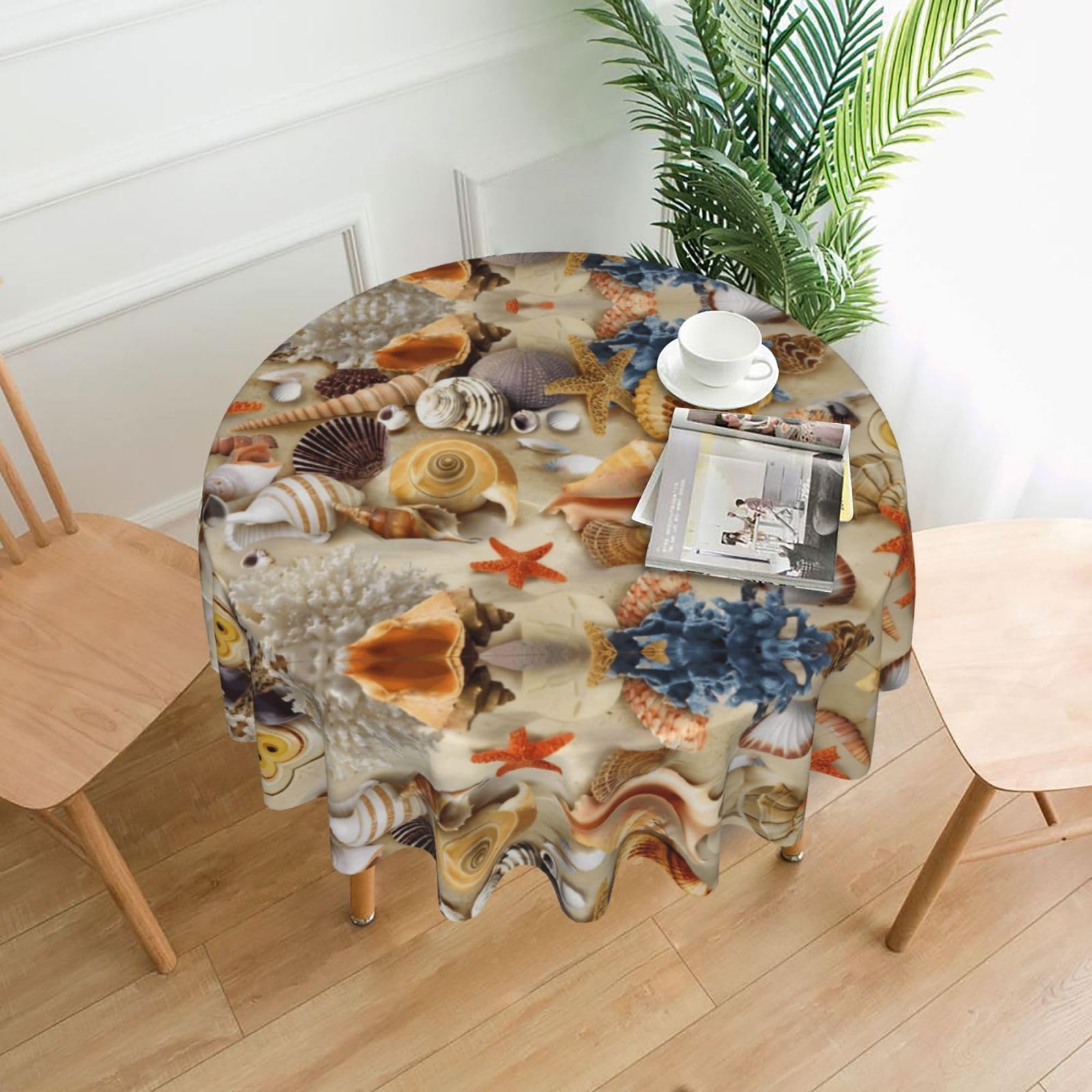 WHJSHOP Starfish Seashell Sandy Beach Theme Prints Round Decorative Throw – 60in Stylish Table Cover for Dining, Parties & Outdoor Events