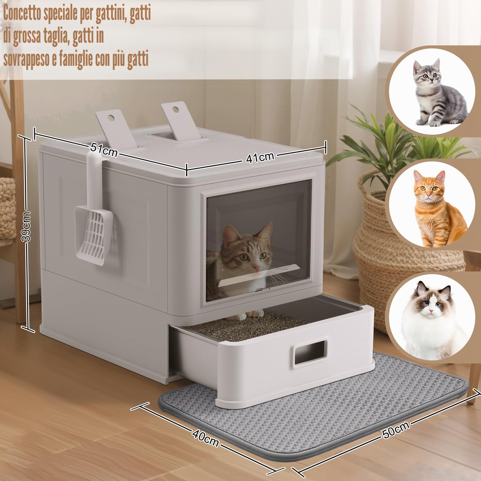 Lettiera chiusa per gatti con coperchio, sacchetto per la neutralizzazione degli odori, grande dimensione, vassoio estraibile in acciaio inox con tappetino per lettiera per gatti fino a 15 kg