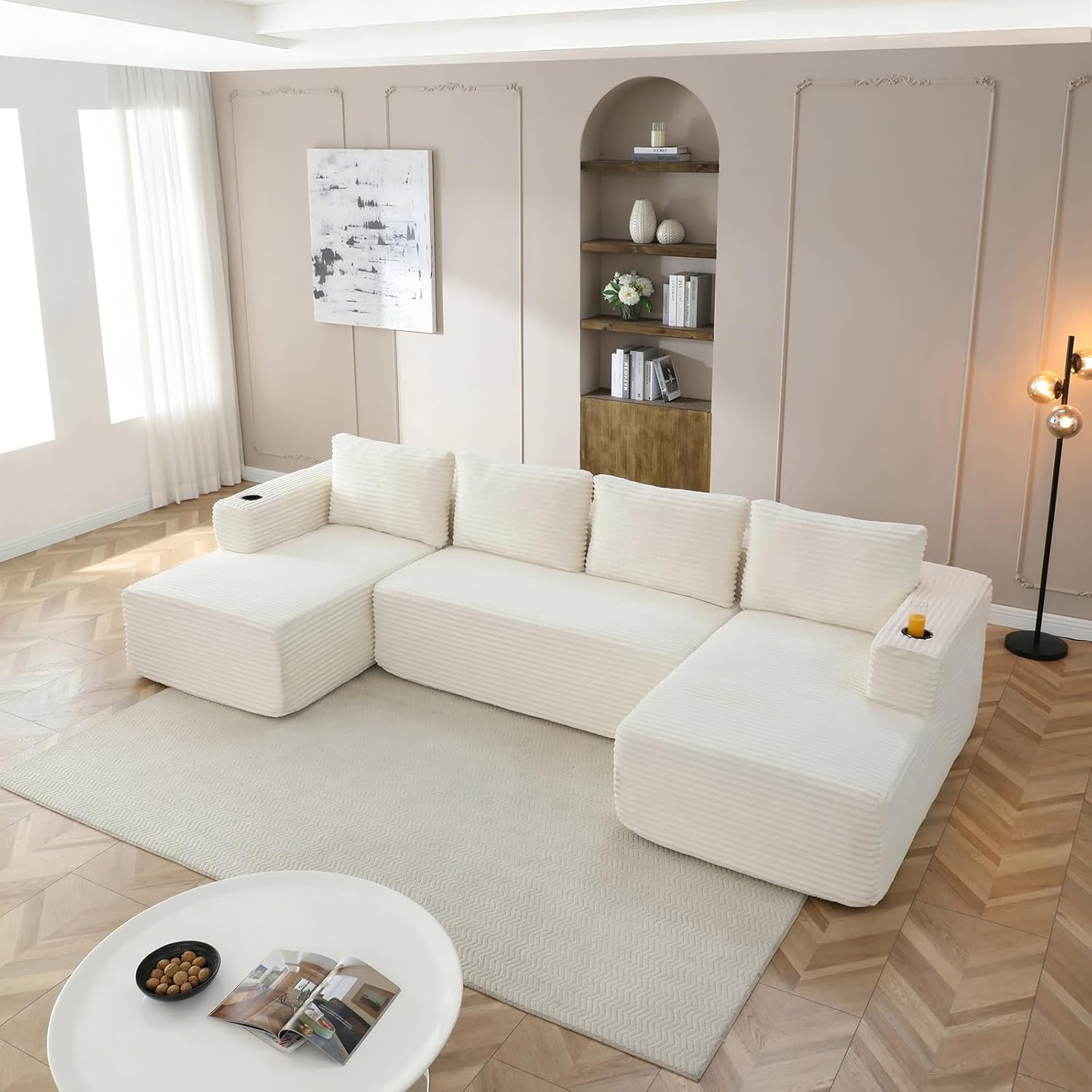 132 Inch Cloud Sectional Couch with Cup Holder, Modern Oversized 4-Seater U-Shaped Boneless Couch with Deep Seat, Modular Corduroy Couches for Living Room, No Assembly Required,Beige