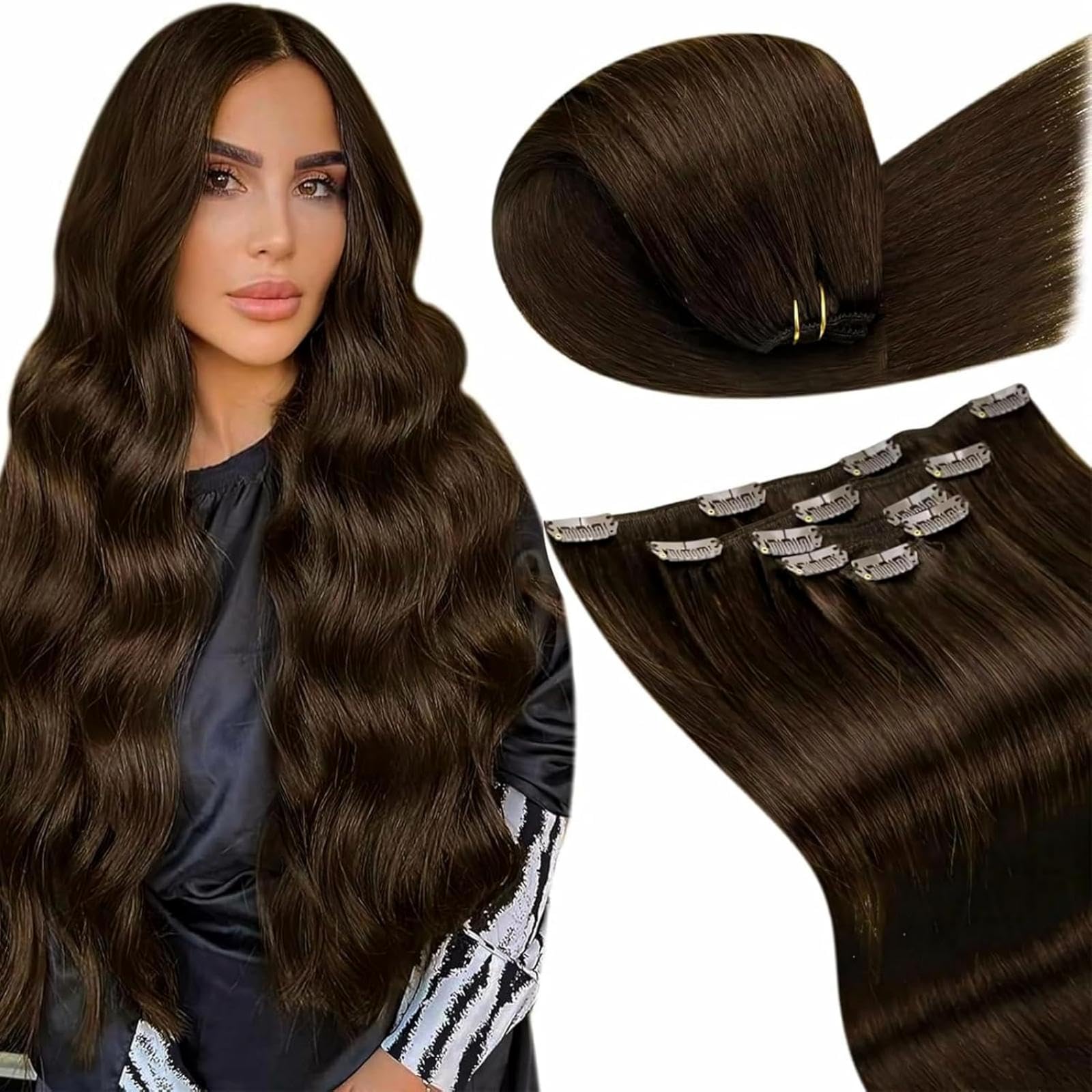 LaaVoo Extensiones de Clip de Pelo Natural Brown Oscuro 45cm 70g 5Piezas Extensiones Pelo Natural Humano Clip Cabello Recta Marron Recta Remy #4
