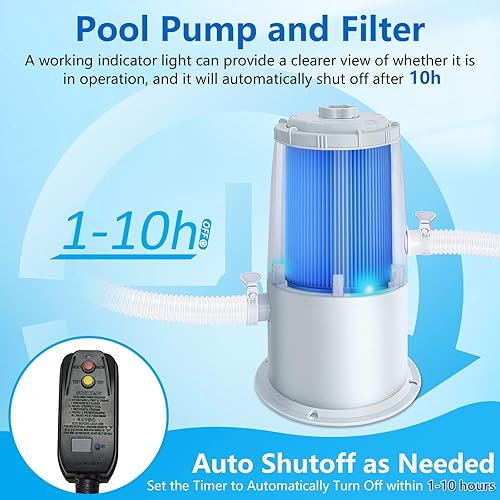 Miniatura 3 de Evoio Bomba de filtro de piscina sobre el suelo, 1000 galones de alto caudal con luz de funcionamiento, 10 horas de sincronización apagado