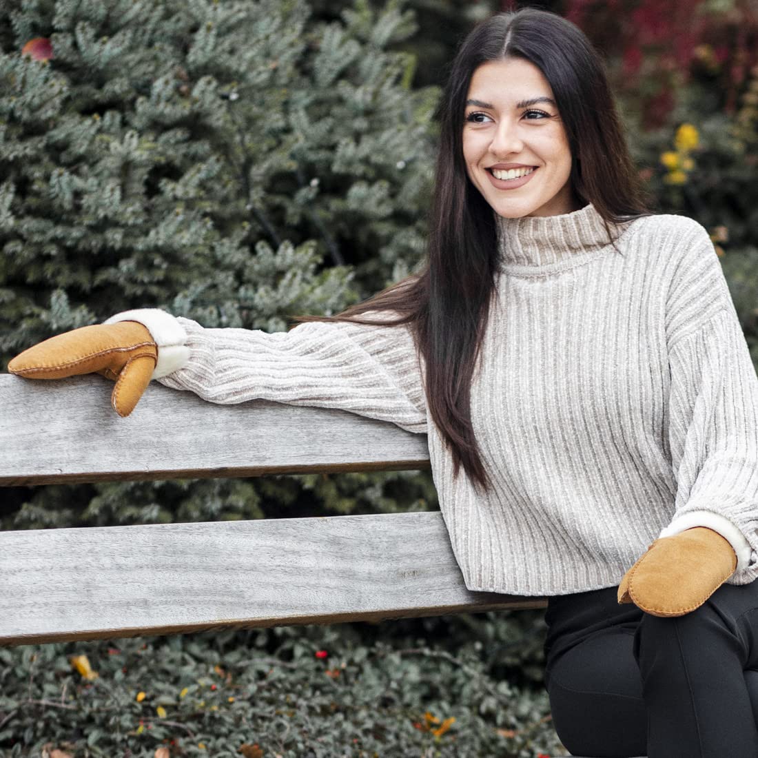 Harssidanzar Donna Guanti in pelle,Mitten pelle scamosciata calda di pecora Shearling Guanti in pelliccia Cuff KL026,Cammello,taglia XL