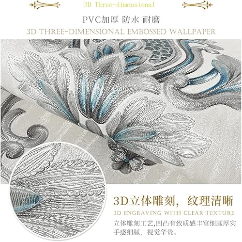Miniatura 4 de Q QIHANG Papel pintado de PVC de damasco 3D de estilo europeo para sala de estar, dormitorio, TV, fondo, pared, 20.87 "Wx393.7 L sin pegar (crema)