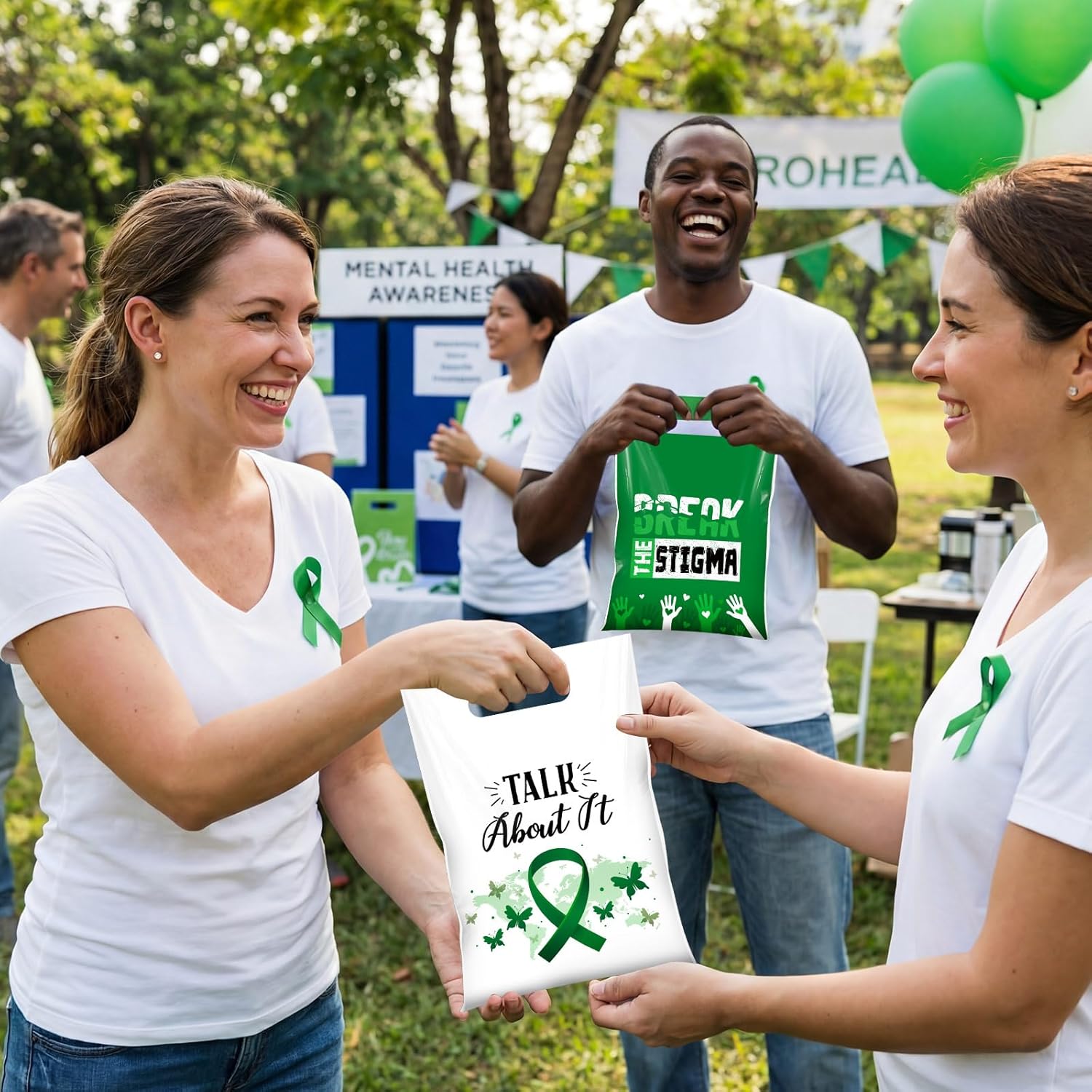 Funrous 250 Pcs Mental Health Awareness Gift Bags Bulk, Mental Health Plastic Goodie Bags with Handle Green Ribbons Treat Party Favor Handbag for Campaign Fundraiser Event Items Decorations Supplies