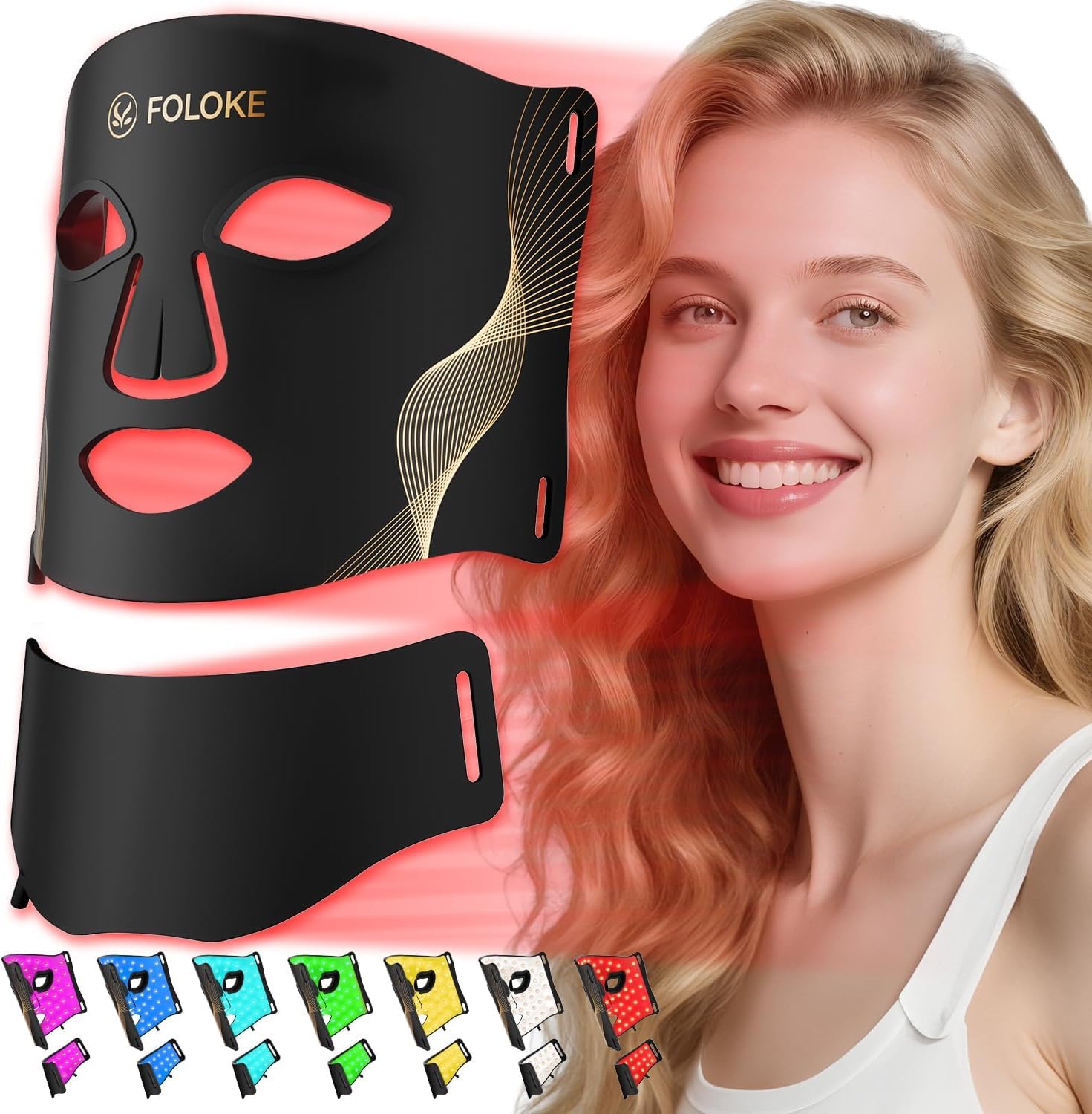 FOLOKE Máscara de terapia de luz LED para el cuidado de la piel, máscara facial LED y máscara para el cuello, longitud de onda para uso doméstico, cuidado avanzado de la piel hecho fácil (negro)