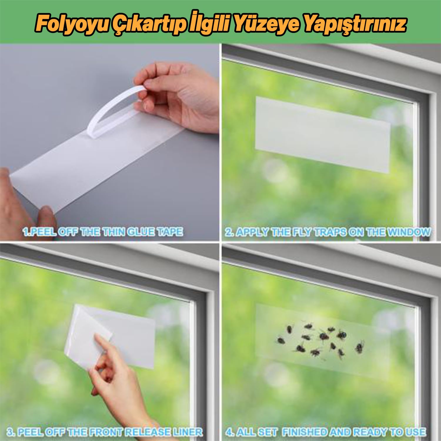 Fosforlu Yapışkanlı Şeffaf Kokusuz Haşere Sinek Kapanı Şerit Bandı 215 mm x 125 mm 10'lu Paket
