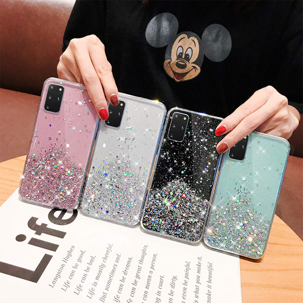 Uposao Compatibile con Galaxy S20 Plus Glitter Bling Star Glitter Brillantini Cases Soft TPU Shining Sequins Transparent Back Cover,Nero