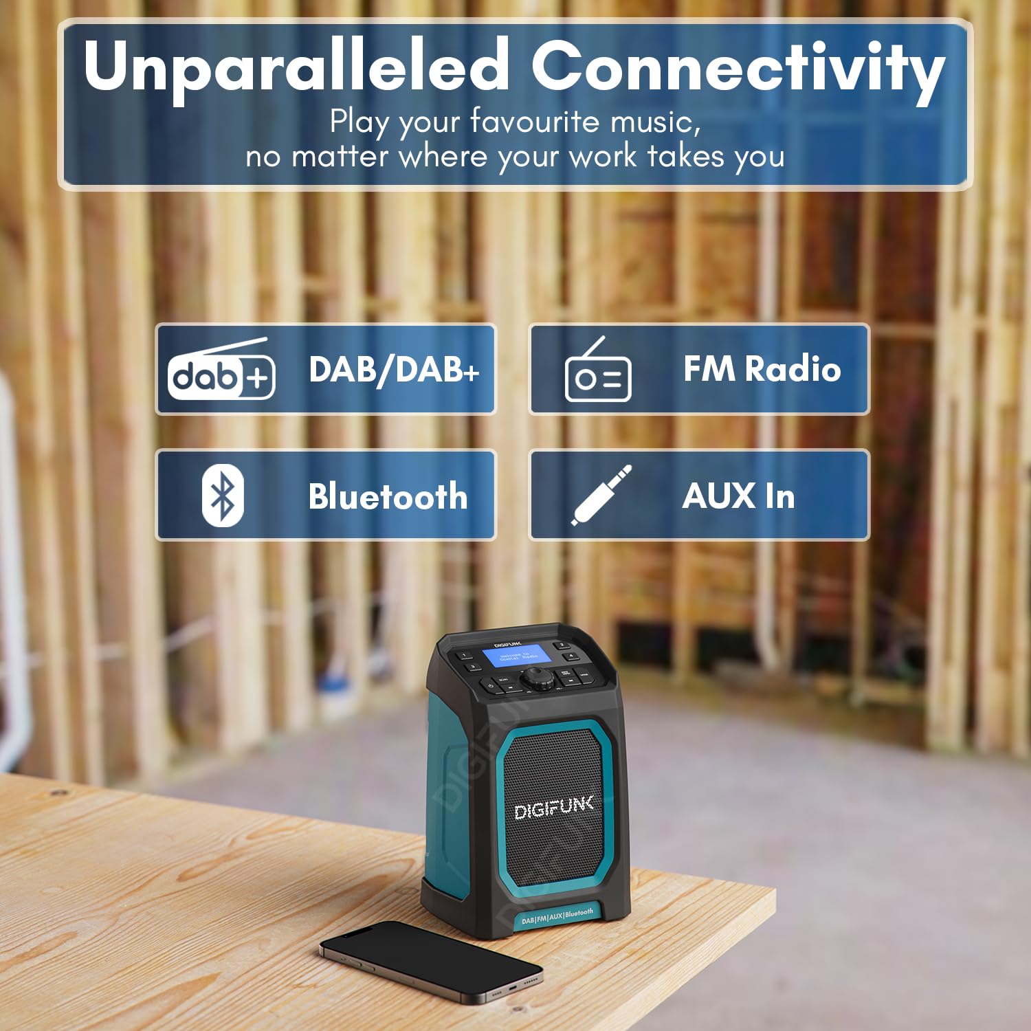 Radio de Obra DigiFunk | Ricaricabile Via USB | Dab+, Dab, FM, Bluetooth, Ingresso AUX | Design Resistente e duraturo, impermeabile IP65 | Perfetta per edifici, esterni, almanacco (Rojo)