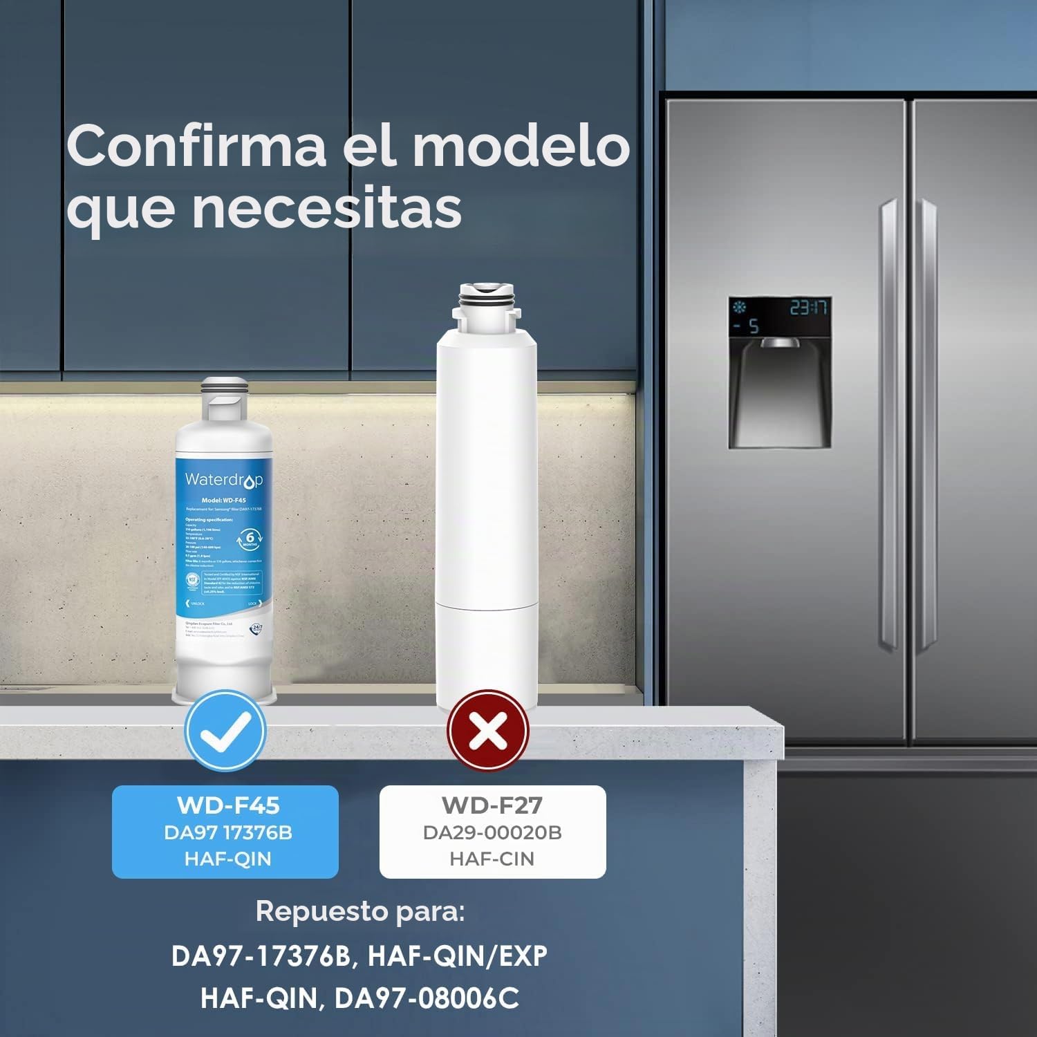 Waterdrop Filtro de Agua para Frigorífico DA97-17376B, Compatible con Samsung® HAF-QIN/EXP, DA97-17376B, HAF-QIN, DA97-08006C, Paquete de 2