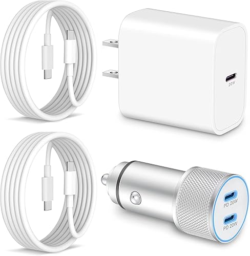 Cargador de coche para iPhone 15 de carga rápida, bloque de cargador USB C de 20 W + 2 cables USB-C a C de 3 pies + adaptador dual USB C de 40 W