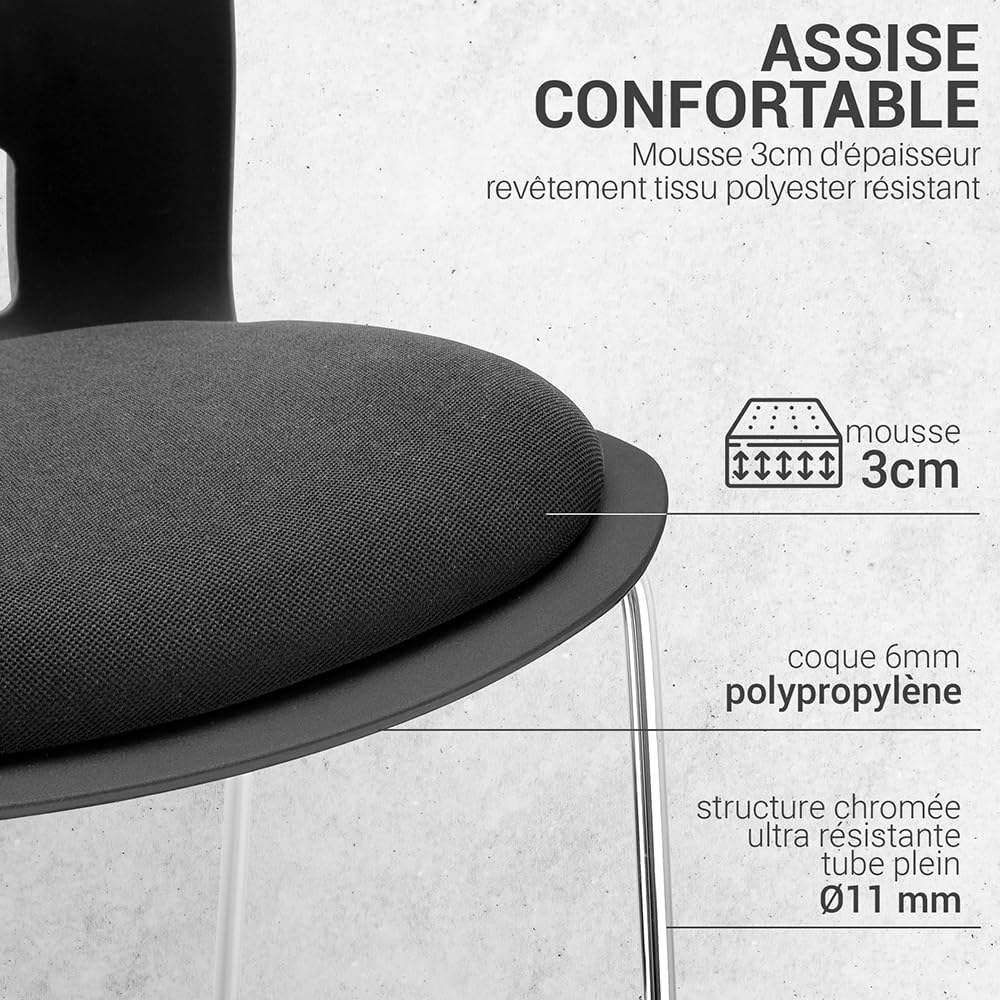 Waytex Lot de 2 Chaise Bureau Visiteur, Sièges Multi-Usage, Salle d’Attente, réunion, Accueil – Noire - Empilable – Coque polypropylène - Assise Tissu matelassée – Pied Acier chromé - Noire