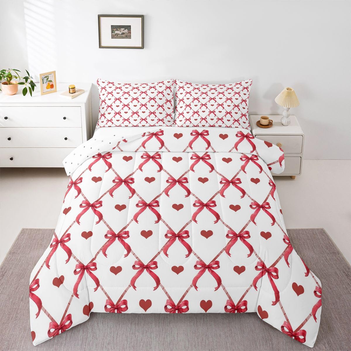 Erosebridal Red Bow Comforter Set Twin Size Love Pattern Bedding Set for Kids Boys Girls Valentine's Day Heart Comforter Bowknot Tie Quilt Bedroom Decor