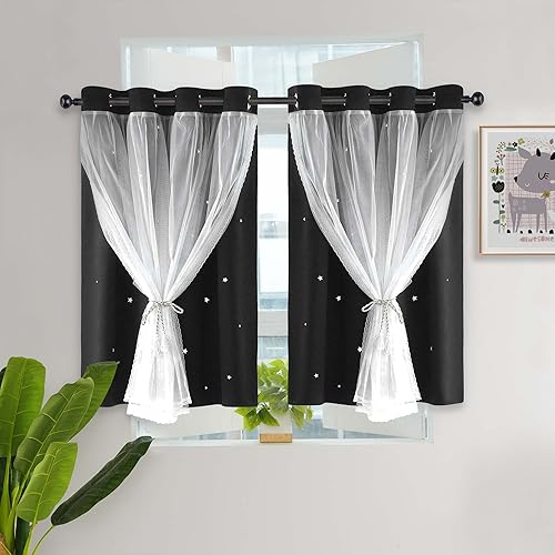 Kinryb Cortinas opacas para niños, para dormitorio, sala de estar, aula, juego de 2 paneles pequeños, cortinas de doble capa con corte de estrella