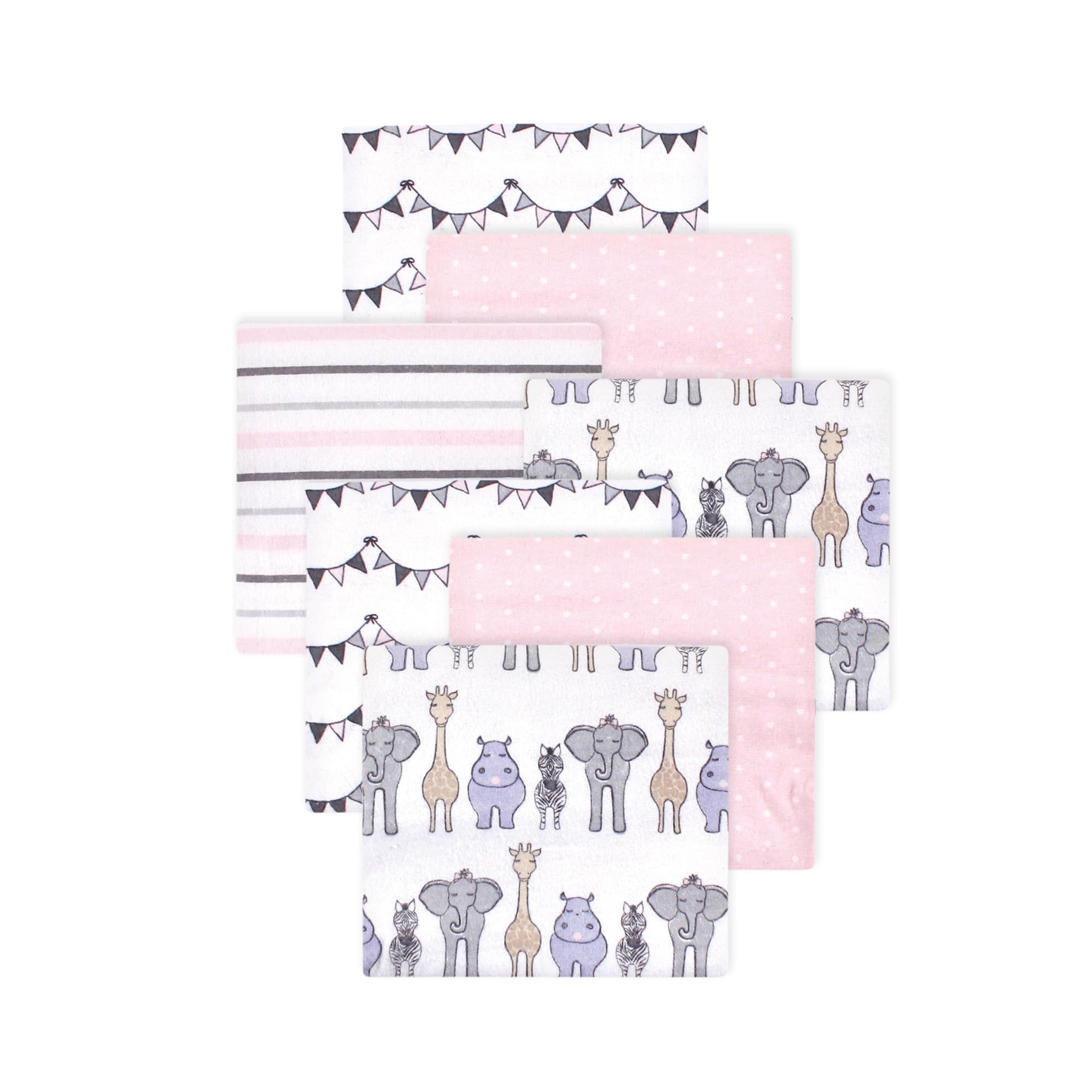 Little Treasure Hudson Baby Cotton Poly Flannel Receiving Blankets Multipack, Pink Royal Safari, 30x30 inches