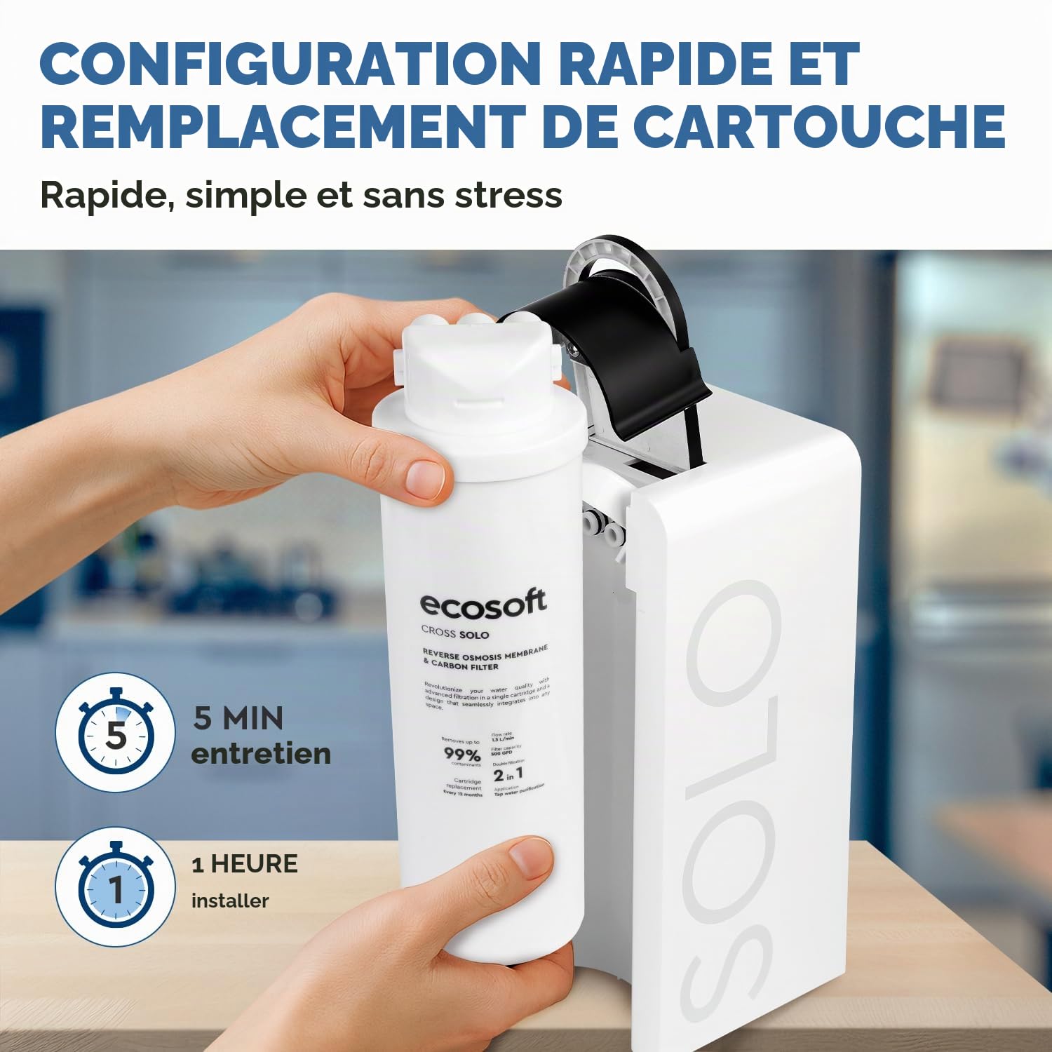 Ecosoft Cross Solo Filtre à osmose inverse à débit direct 1,3 l-min, filtration 2-en-1 avec membrane RO de 500 GPD et post-filtre à charbon, design ultra compact pour petites cuisines