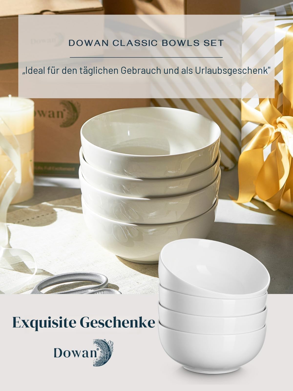 DOWAN Große Suppenschüsseln, 1100 ml Müslischalen, weiße Servierschalen, Φ18 cm, stapelbare Keramikschalen für Küche, Pastaschüssel-Set, 4 Packungen splitterfeste Keramik