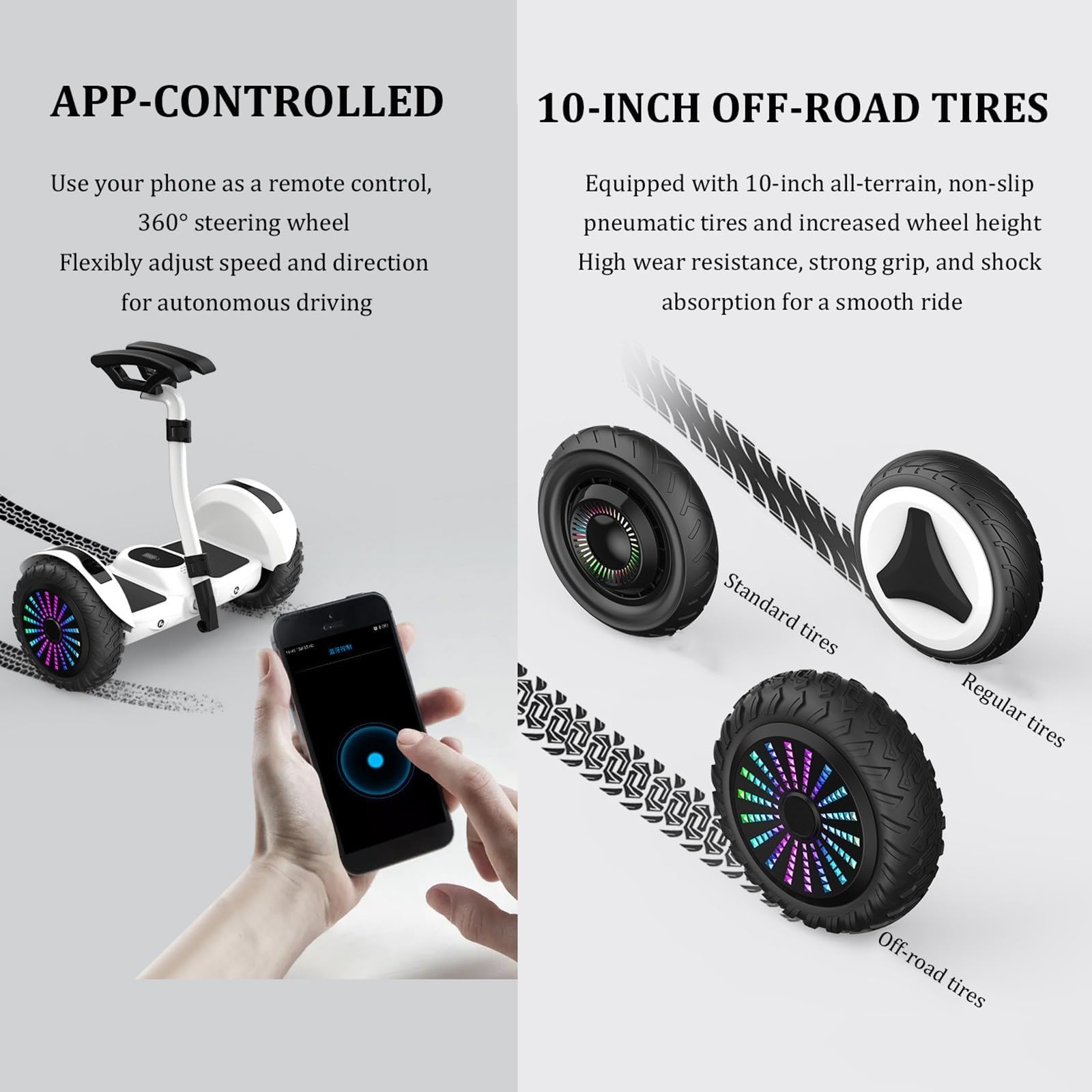 Trottinette Électrique Auto-équilibrée, 10'' Roues LED Tout-terrain, Commande Par Les Jambes/Mains Et APP, Hauteur Réglable, 54V Trottinette Auto-équilibrée, Musique Bluetooth, Charge 130kg(White)