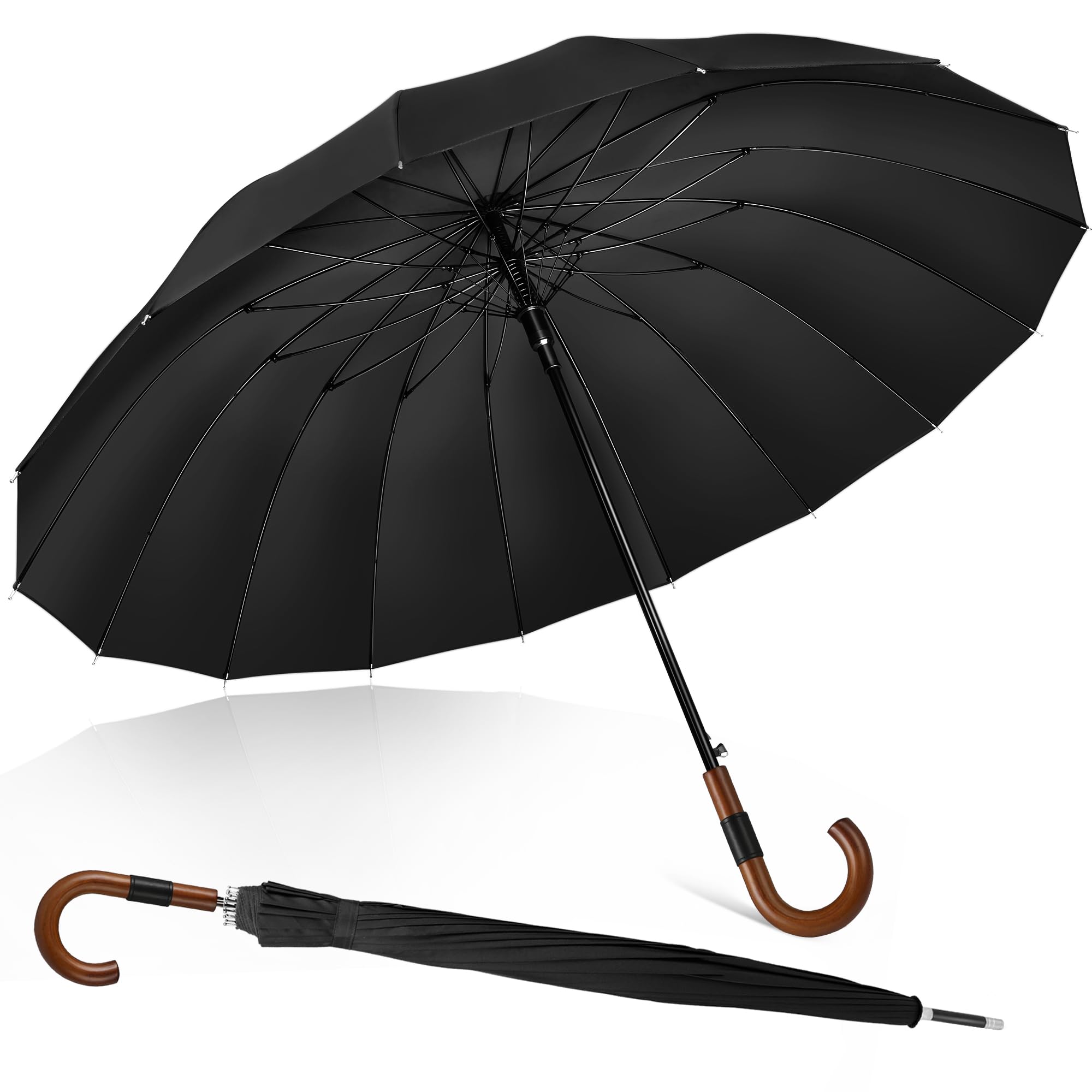 ZOMAKE Paraguas Grande XXL Antiviento 16 Varillas / 12 Varillas,120 cm Paraguas de Golf para Hombre Mujer,55 Pulgadas Parasol Largo Clásico con Bastones con Decoración de Anillas Metálicas