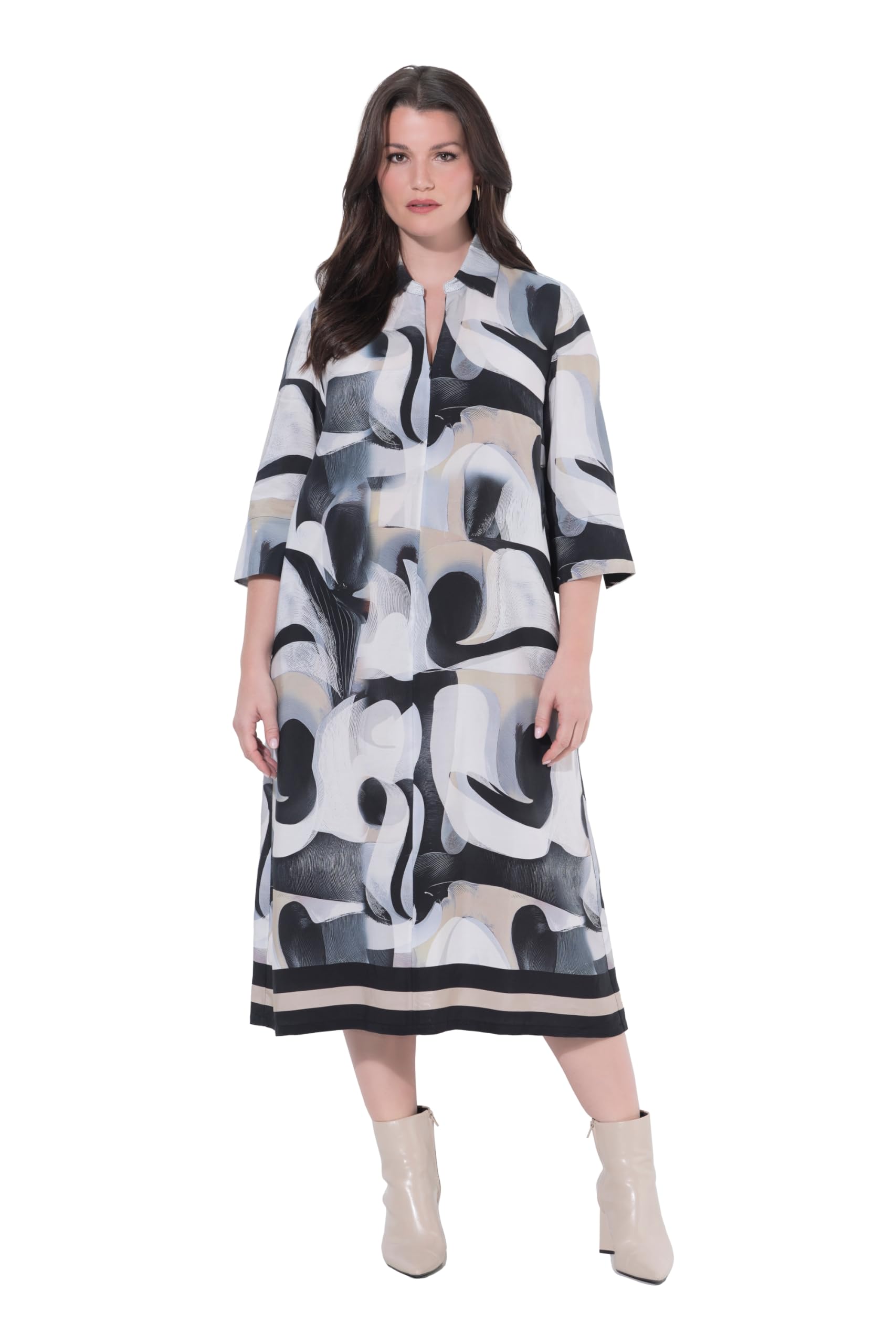 Ulla Popken Damen große Größen Übergrößen Plus Size Lyocell-Maxikleid, grafisch, A-Linie, Hemdkragen, 3/4-Arm 845240