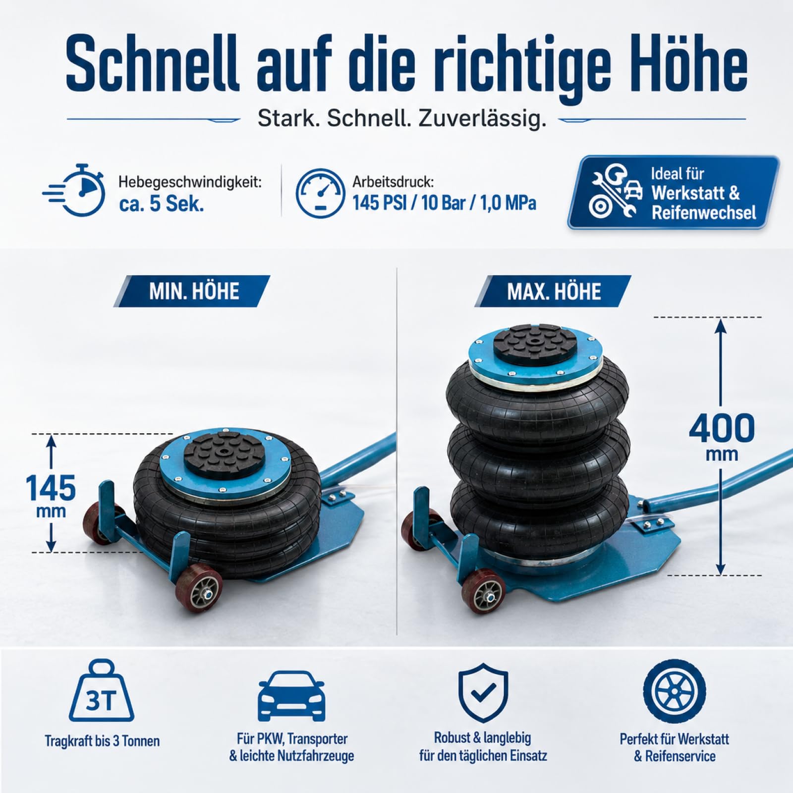 BITUXX® Pneumatischer Wagenheber Druckluftwagenheber Luftkissen Autoheber für KFZ Auto bis 3000Kg 3T