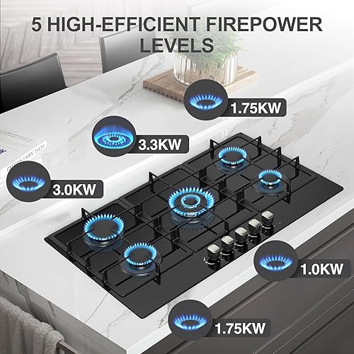 Miniatura 3 de Estufa de gas de 36 pulgadas, estufa de gas propano integrada con 5 quemadores, estufa de gas de vidrio templado convertible a NGLPG (negro)