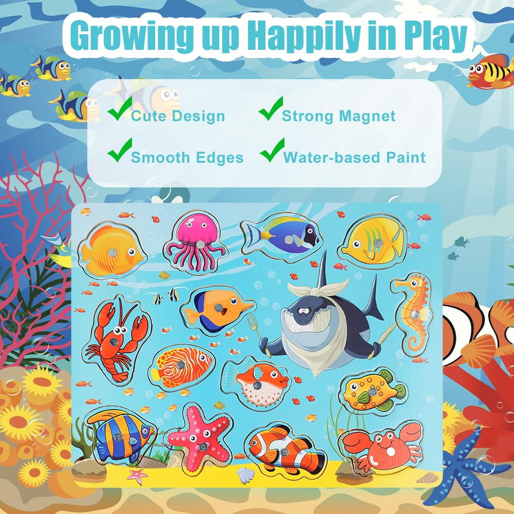 Vicloon Magnetico Giochi di Pesca per Bambini, Giochi Magnetici di Pesca in Legno, Giocattoli di Legno Gioco di Pesca, Giochi Montessori, Educativo Interattivi per Bambini Regalo 3 4 5 Anni(Oceano)