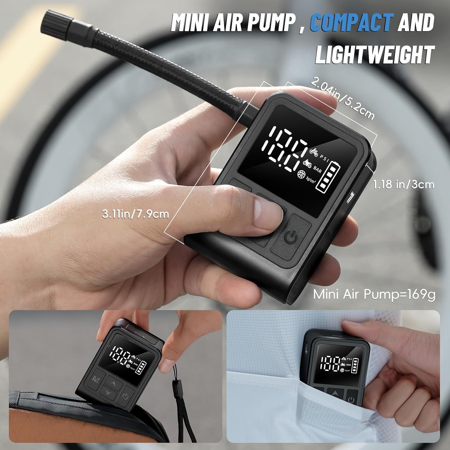Electric Bike Pump, Portable Compact Bicycle Pump Rated to 130 psi, Featuring Both Presta and Schrader valves.