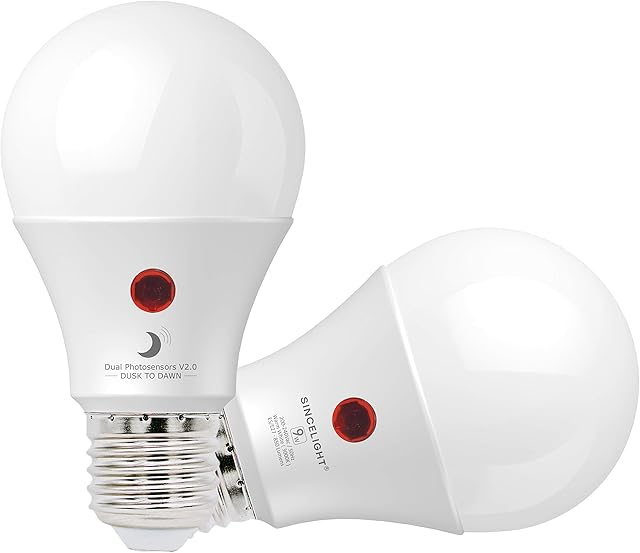 SINCELIGHT Dusk to Dawn LED Bulb with Dual Daylight Sensors· ON/Off Automatic Depends On Daylight Level · Night Light from Dusk Till Dawn · 9 Watt · 2 Pack