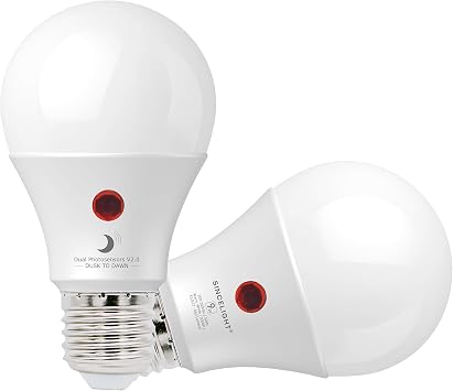SINCELIGHT Dusk to Dawn LED Light Bulb 9W with Dual Photocell Sensors, ON/Off Automatic Depends on the Daylight Level, Outdoor Night Light from Dusk Till Dawn, Security Bulbs, Warm White 3000K, 2 Pack [Energy Class E]