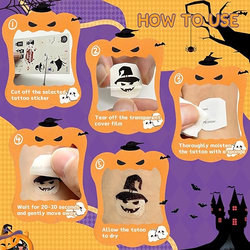 Miniatura 5 de Tatuajes temporales para niños, decoraciones de Halloween brillantes, suministros de recuerdos de fiesta de cumpleaños, tatuajes falsos de