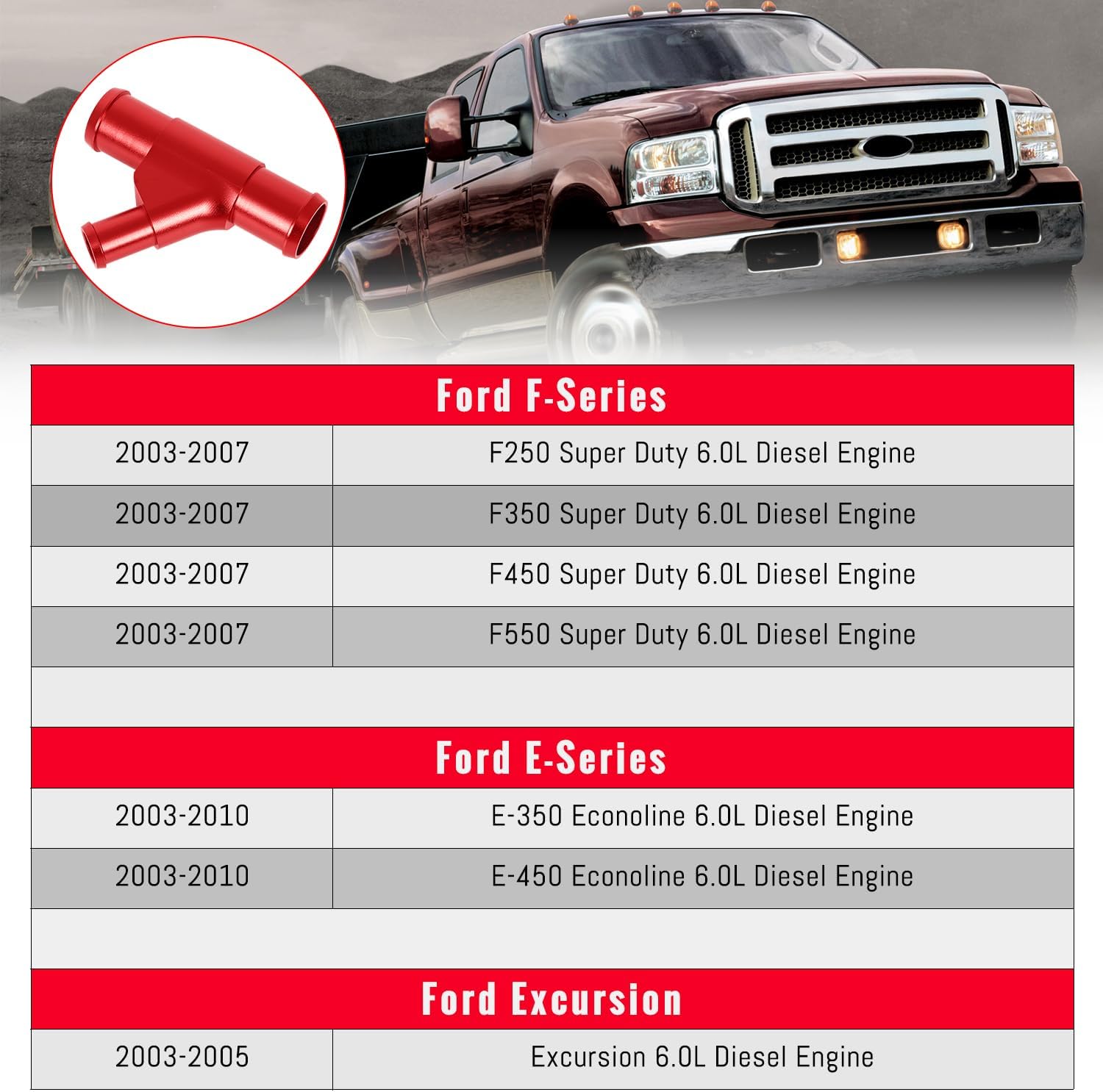 Radiator Coolant Y-Pipe fit for Ford F250 F350 F450 F550 E350 E450 Super Duty 6.0L Powerstroke Diesel Engine 2003-2007,Upgraded Weldless Aluminum Coolant Hose Connector Pipe,Red