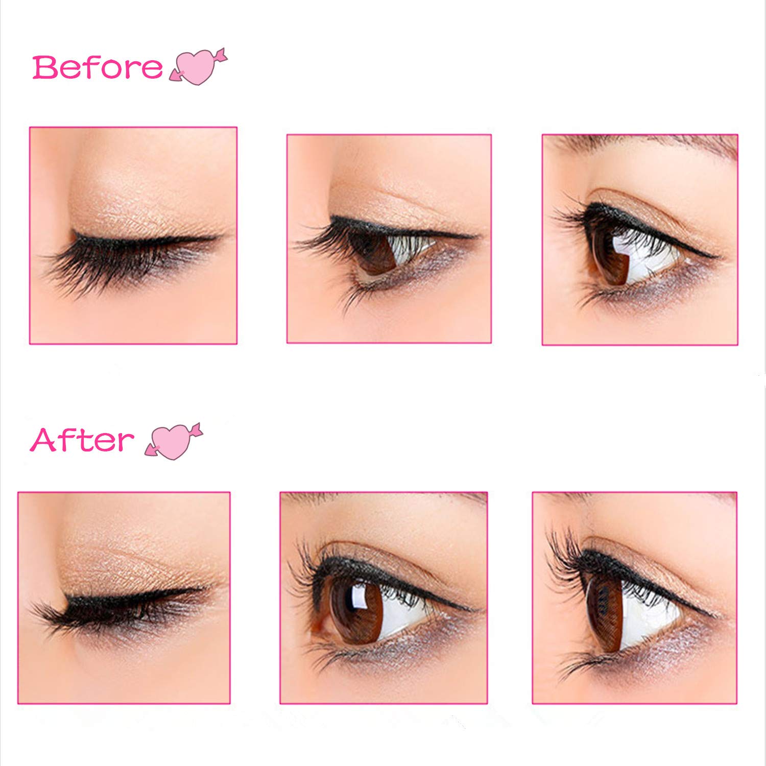 Rizador de pestañas de acero inoxidable con peine integrado, sin dolor, adecuado para cualquier forma y tamaño de ojos, con 5 almohadillas de repuesto de silicona (corazón negro y melocotón)