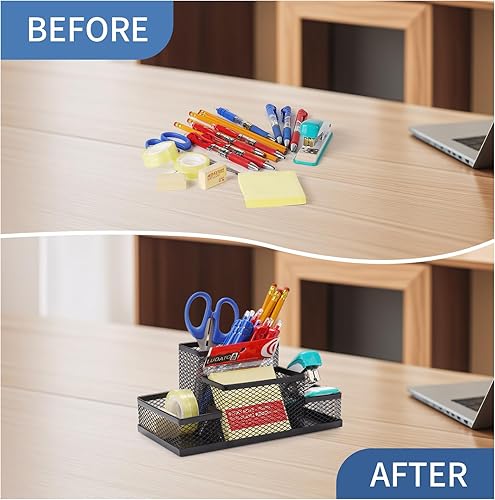Miniatura 5 de Ludato Organizador de escritorio para escritorio, 4 compartimentos, soporte de malla negra para bolígrafos, almacenamiento para accesorios de