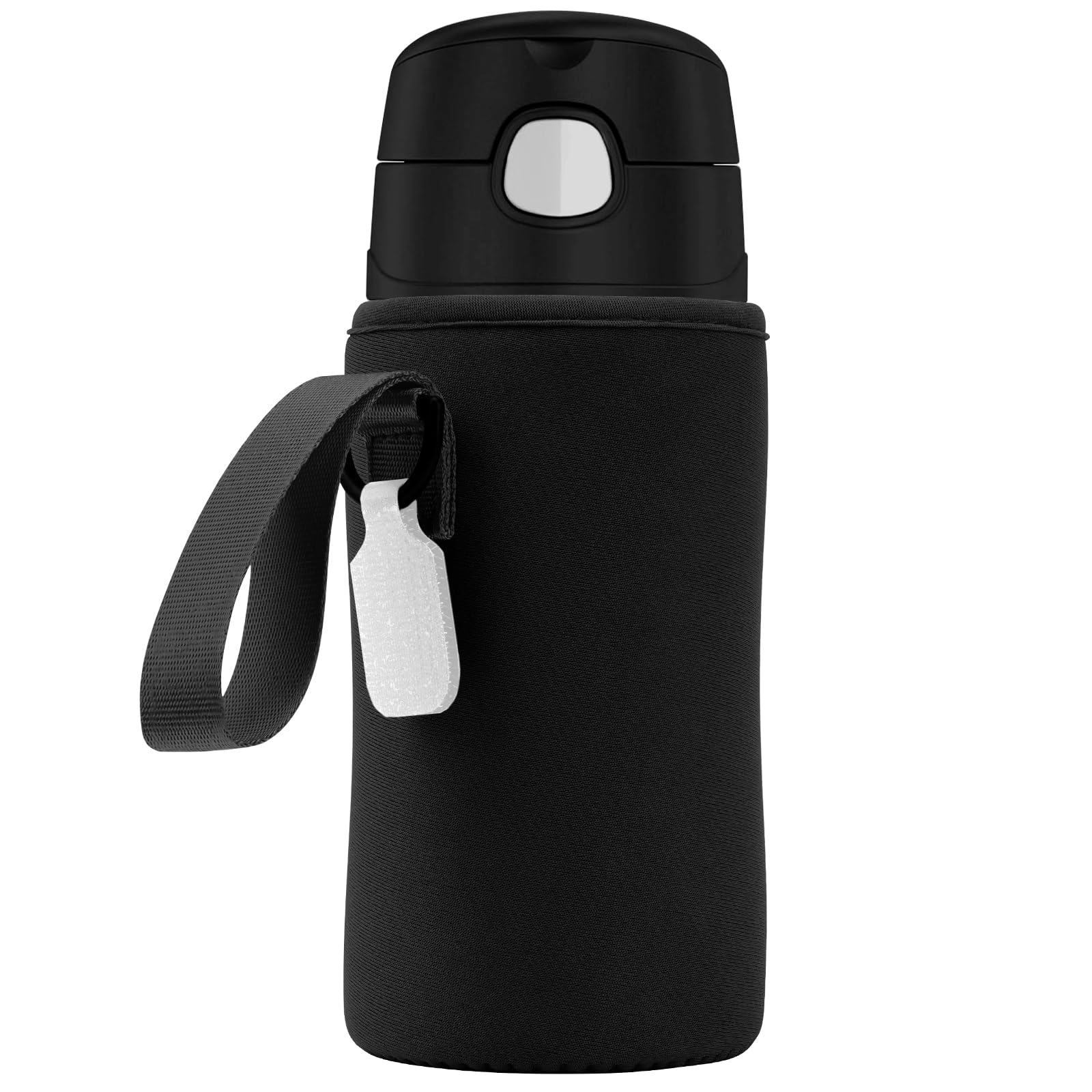 Linkidea Water Bottle Sleeve Compatible with Thermos FUNTAINER Tritan 16oz, Steel 12oz Kids Bottle, Waterbottle Holder Bag with Name Tag (Black)