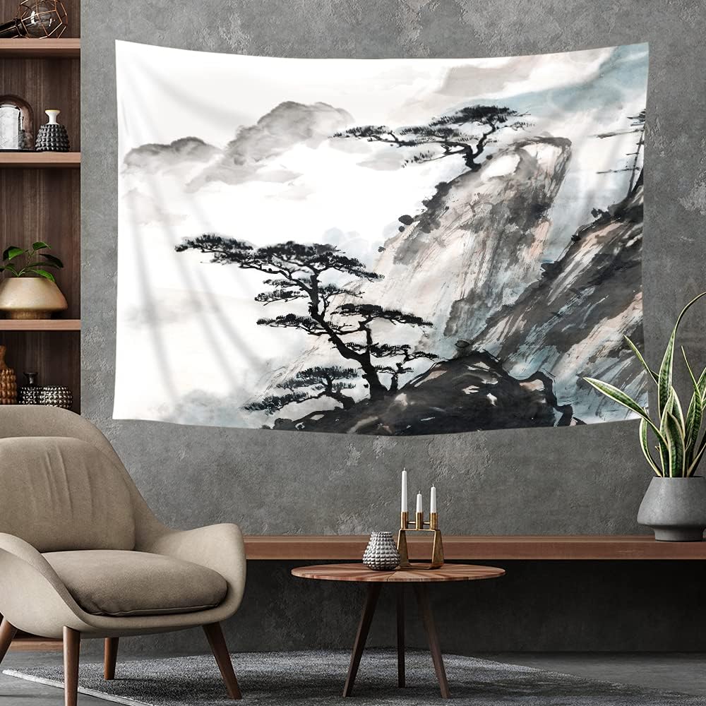 Riyidecor Japanese Tapestry Wall Hanging 59Wx51H Inch Asian Chinese Landscape Bedroom Decor for Men Painting Oriental Ink Watercolor Mountain Trees Black Artwork Print Bedroom Living Room WW-9DBW