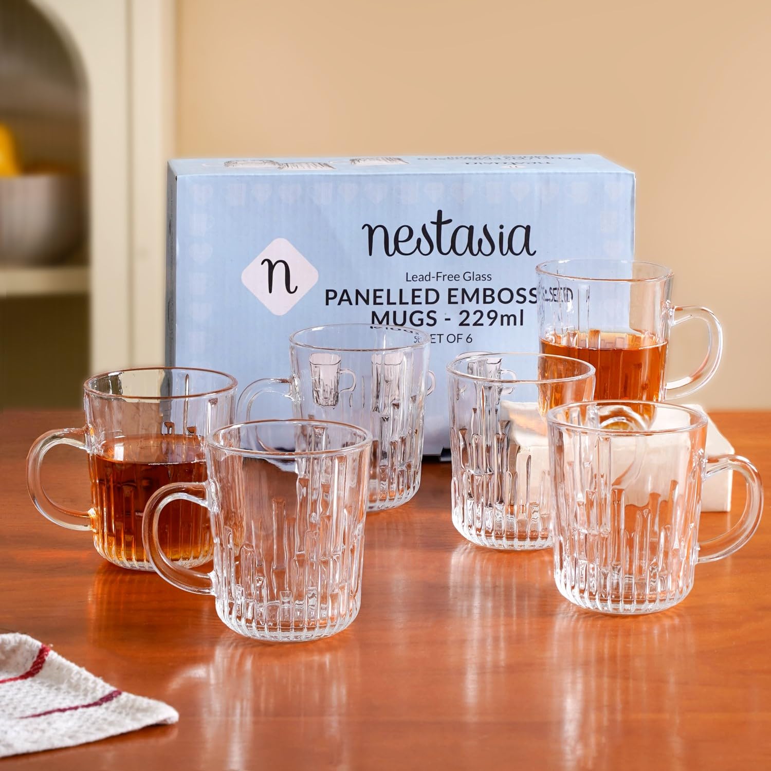 Nestasia Set of 6 Transparent Glass Tea Cups (230ml Each) - Stripped Textured Durable & Chip-Resistant Coffee Mugs | Perfect for Coffee, Tea, Hot & Cold Beverages