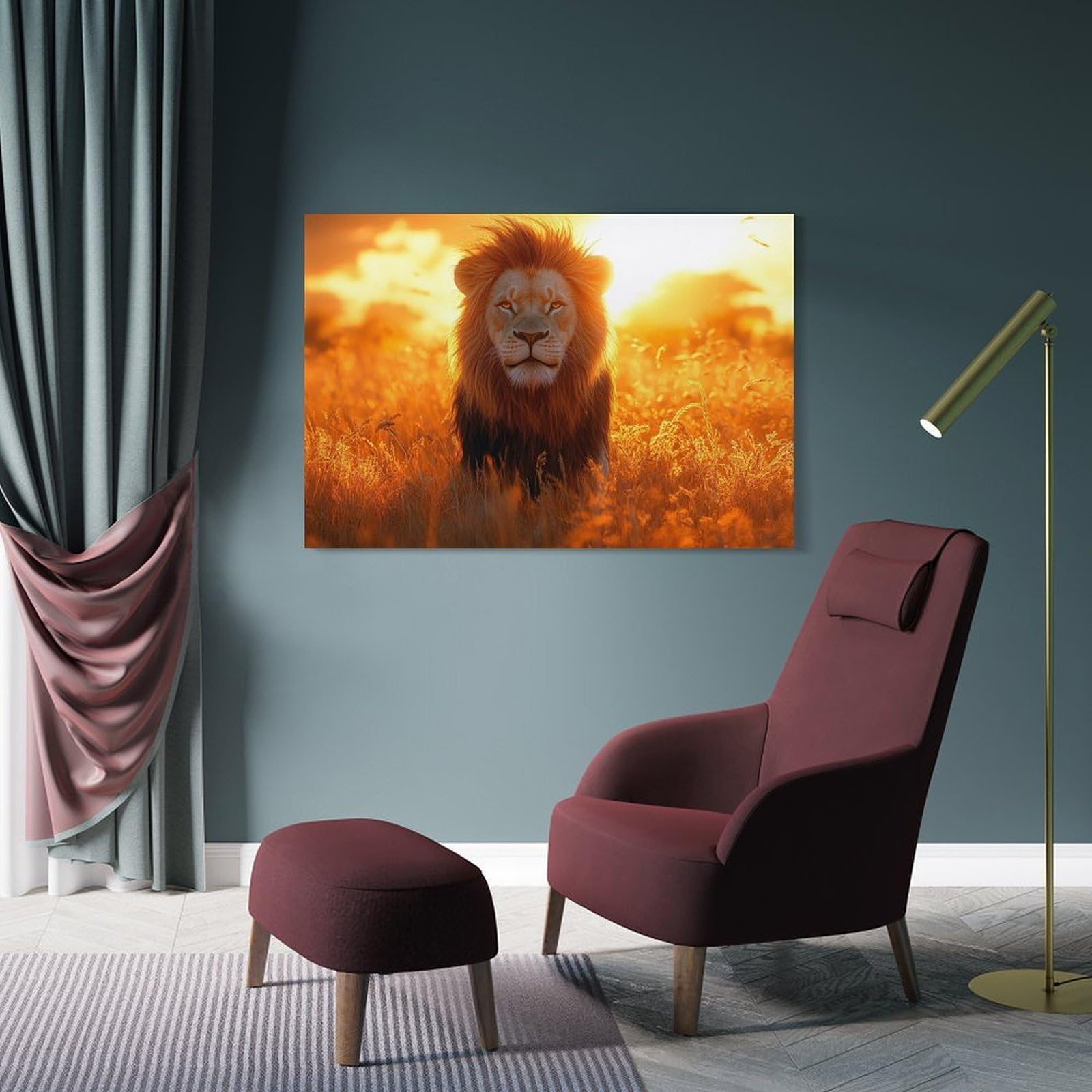 Junmoney Lion in Golden Field at Sunset Canvas Wall Art 08x12inch(20x30cm), for Wall Displays, Bedrooms Or Room Updates, Ideal for Building A Coordinated Art Wall